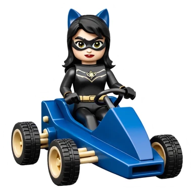 full size real-appearance road Lego racing sexy buxom CatWoman’s feminine midnight-colored tight outfit sixty’s tv show dark stealthy accurate sporty safe plush deluxe off-road pursuit drifting car jaguar (black hair,reclined and relaxed torso and shoulders back seating position) cross kart  sticker