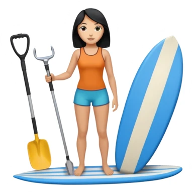 Surfer(woman) black hair holding her cell phone and long garden shovel with another hand. Under her feet, there is one blue surfing board. sticker