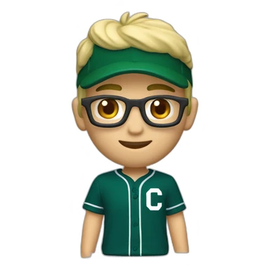 Blonde male short hair with glasses Dark green baseball uniform with hat Blue eyes and with "C" on the dark green hat. make the style slightly 3D with a diagonal angle. Crop from chest up sticker