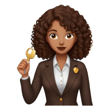 Dark brown lady with medium brown mid length curly hair in real estate job with house and keys sticker