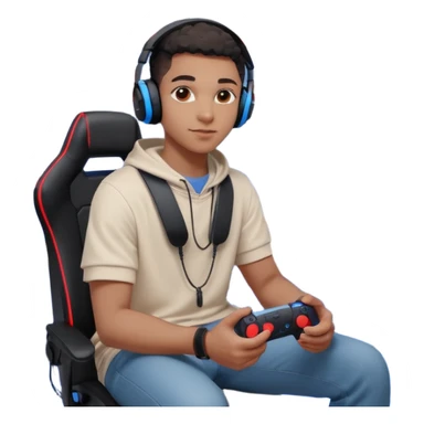 Black Muslim gamer sitting in a gaming setup with LED lights (red/blue), PS5 2025 controller in hand, confident pose, headphones around neck, posters and shelves in background, high-resolution portrait, crisp details, cinematic lighting. sticker