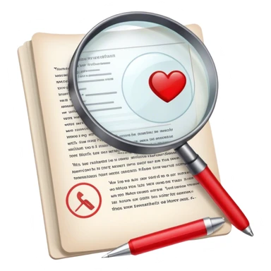 Create an emoji representing editing and proofreading. The design should feature an open document or manuscript with visible text and proofreading marks (such as red underlines or corrections). A red pen or pencil should be placed near the document, symbolizing the act of making edits. Optionally, include a magnifying glass to represent careful review. Use neutral and professional colors like white, black, and red accents to highlight the editing process. Do not include any emojis or smiley faces. Make the background transparent. sticker