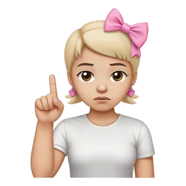 wearing s wihite tshirt, frowning with a furrowed brow, raising its middle finger, pink bow tied around the middle finger sticker