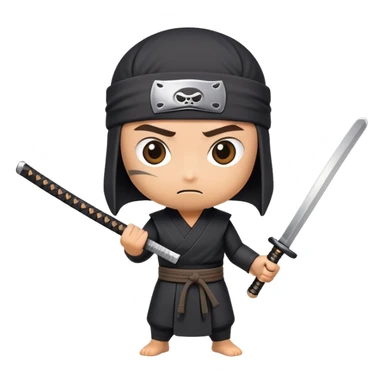 A takeout coffee cup with cartoon eyes, a ninja headband around its lid, and holding a katana in a battle stance sticker