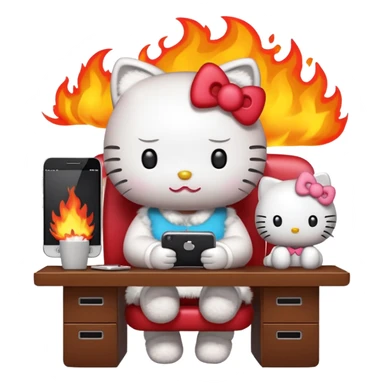 Apple-style emoji illustration of hello kitty character calmly sitting at an office desk, looking at a smartphone and looking relaxed, while the office behind her is subtly on fire. sticker