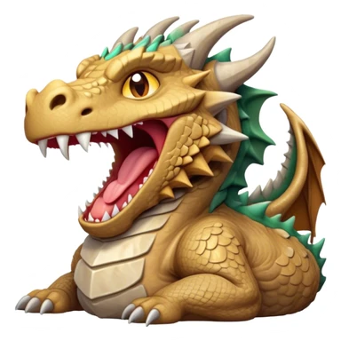 Cinematic Cute Yawning Giant Rock Dragon Portrait Emoji, Head tilted slightly with a dramatic, wide-open yawn, revealing a colossal, rugged body with weathered, rock-like scales and subtly drooping, earthy features rendered in authentic, stony texture; high shine, relaxed yet powerful, styled with a dash of timeless geological charm, soft glowing outline, capturing the essence of a sleepy but stoic rock behemoth ready to settle into an ancient, enduring slumber! sticker