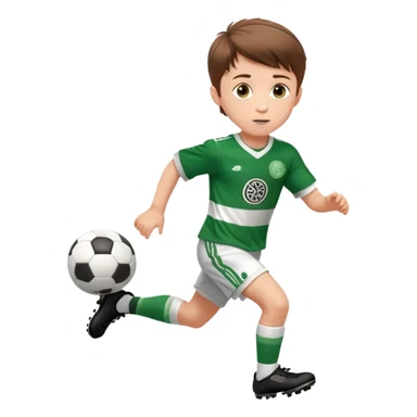 Celtic footballer jersey logo  6 years old brown hair white boy , brown eyes , stripes uniform , RUNNING  with soccer ball is number  17 celtic football logo  ONE CELTIC LOGO ONLY white shorts sticker