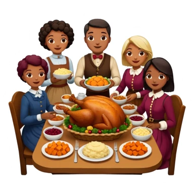 Thanksgiving Dinner with 10 people of different skin color around the table; have the food be a cooked turkey, mashed potatoes, corn, a basket of biscuits, a small bowl of cranberry sauce, baked yams, steamed vegetables, and a bottle of wine. sticker
