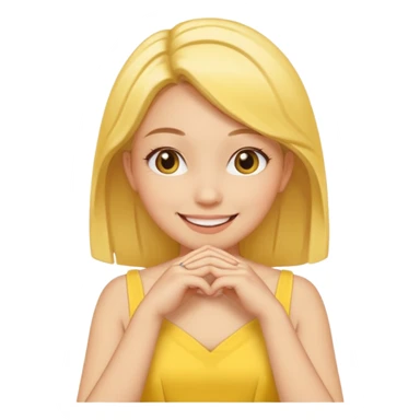 yellow smiling face girl with both hands flat under chin fingers touching sticker