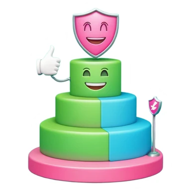 Minimalist 3D emoji-style podium with 2 steps on a green chroma key background. Step 1 (higher) features a handshake icon with blue neon glow. Step 2 (lower) features a smiling tooth with a shield icon and pink neon glow. Clean rendering, soft colors, uniform lighting. sticker