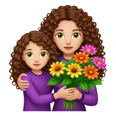 light skinned brunette long curly haired woman with green/hazel eyes holding big bright bunch of flowers with one hand and daughter's hand (also with long brown curly hair) in other. White background. sticker