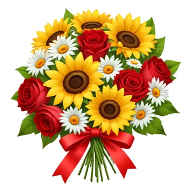 Sunflowers and daisy bouquet with red roses, soft, tied with red ribbon sticker