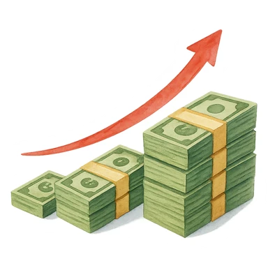 watercolor style upward trending arrow beside three stacks of bundled dollar bills in ascending height sticker