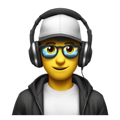 make a yellow circled classic emoji face that has a lot of swag with a snapback hat and headphones on listening to edm and put him on white backgrond, and make sure he is really into what he is listening to sticker