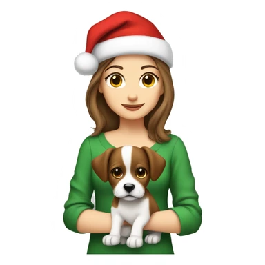 Brown hair white girl with a Christmas hat on with a puppy sticker