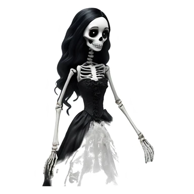 full height skeleton, tim burton "corpse bride", thin porcelain doll with a cracked face, goth makeup watery eyes, long hair, lace and ruffles, lolita style, inked, black and white, red roses, gothic castle with roses sticker
