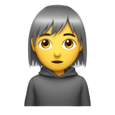 Persona de flequillo que cubre su cara dejando ver sus ojos, coleta, de cabello rojizo y polera manga corta gris con una cara amarilla con ojos en forma de equis y la boca triste sticker