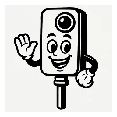 Remove any text or name from the design, keep the smiling simple and bold cartoon Insta360 camera on a stick character as the main subject, preserving its simple and bold cartoon style. sticker