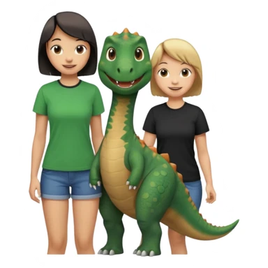 friendly cartoon dinosaur wearing a t-shirt standing next to a smiling young woman with short hair and green-black clothes both posing together sticker