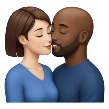 a white woman with short brown hair and a black man with no hair and a beard are facing one each other.  The woman is giving a kiss to the man's forehead sticker
