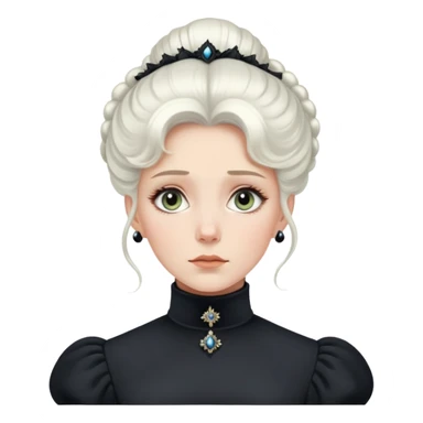 Victorian-era white woman with white coiffed hair, light eyes, wearing a simple dark turtleneck Victorian gown, with a dropped jaw in awe and wonder sticker