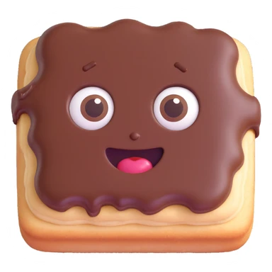 Rectangular chocolate mini pastry, slightly tilted, squished chocolate, crazy wide eyes, open mouth, text above: "ПАСТИЧКА", chibi style, Twitch emoji style, transparent background, colorful sticker