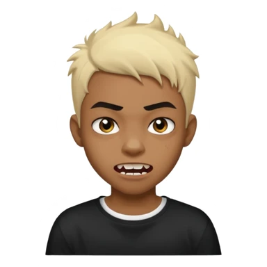 Black Male Teenager with Short punk messy blonde hair, Dark brown bushy eyebrows large expressive golden-brown eyes, wearing a plain white t-shirt, Dark Brown skin color. vampire tooth sticker