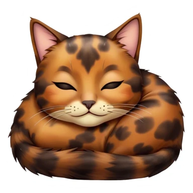 Meme-Worthy Cute Sleeping Tortoiseshell Cat Portrait Emoji, Head resting with a serene, sleepy smile and softly closed, dreamy eyes, showcasing a warm, mottled fur of rich browns and blacks, simplified yet adorably detailed, glowing with a gentle, drowsy radiance, high shine, exuding relaxed, heart-melting charm, styled with a soft glowing outline, capturing the essence of a sleeping tortoiseshell cat that radiates pure, peaceful cuteness! sticker