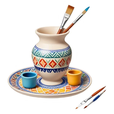 Ceramic painting icon, hand-painted ceramic plate or vase with intricate patterns, visible paintbrush, paint pots, and ceramic tools, colorful glaze, no finished artwork, just the painting process, minimalistic style, clean lines, transparent background. sticker