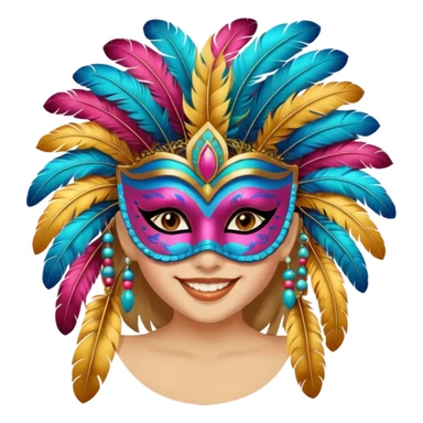 A girl wearing a decorated festival mask with bright feathers, smiling softly beneath it. sticker