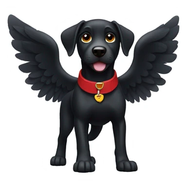 black dog, playful, running, big jowls, sad puppy eyes, wings, winged dog, angel wings,red collar sticker