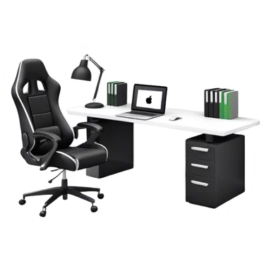 Create a basic 3D room. In it: A black and white home office workstation with a wide monitor and a laptop. Black gaming chair and without wall shelves sticker