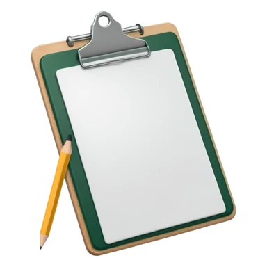 white sheet of paper with dark green clipboard and pencil on top, iOS emoji style, minimalism sticker