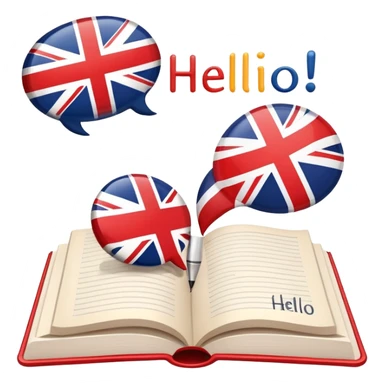 An icon featuring an open book with English words and phrases, a speech bubble with 'hello', and a British flag. The design includes a pen, alphabet letters, and grammar symbols, symbolizing the study and mastery of the English language. Transparent background. sticker