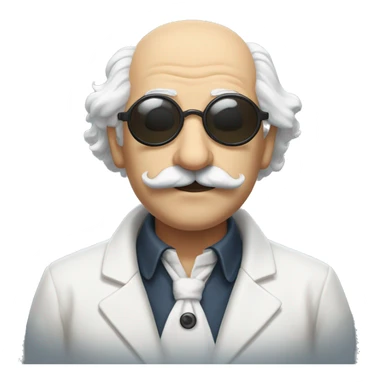 a scientist resembling Albert Einstein, bald over head, with black hair on the sides of his head, a large mustache and circle like sunglasses. Wearing a white duster.  sticker