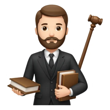 Create a male lawyer. he is wearing a fromal suit jckeret. He is holding a gavel in one hand and a book tucked under his another arm. He has beard  sticker