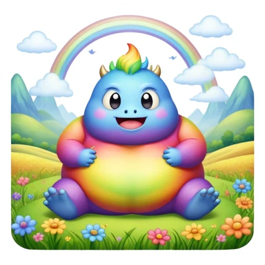 Kawaii derpy fat rainbow monster sitting in a magic field, rich textures, visually detailed, so lifelike that it feels like it could leap off the page at any moment sticker