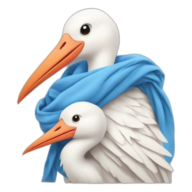 White stork carrying a blue bundle of cloth in its beak that has a human person cute baby with and the human baby head is peeking from the fabric bundle the strok is carrying with its beak sticker