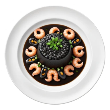 cinematic-realistic-black-risotto-dish-emoji,-showcasing-small squid pieces in black sauce -rendered-with-bold-textures-and-dynamic,-dramatic-lighting in a white plate sticker
