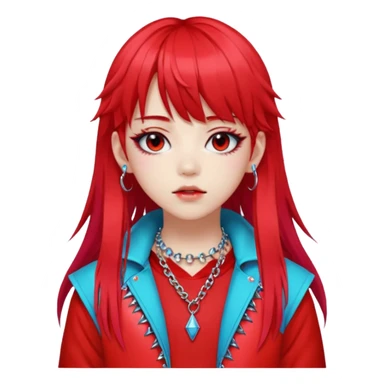  portrait-of-a-red devil-k-pop-idol,-wearing-a-stylish-streetwear-outfit-with-layered-colorful-clothing,-long-hair-with-bangs,-makeup,- sticker