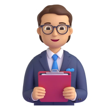 salesman emoji, confident, holding a clipboard, wearing glasses, business suit sticker