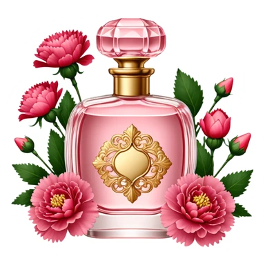 A delicate vintage perfume bottle in soft Petal Pink, adorned with intricate gold detailing, sits elegantly on a vanity. Surrounding it are lush Strawberry Red carnations, their velvety petals adding a rich contrast. The scene is bathed in warm, diffused light, evoking timeless glamour and romance. sticker
