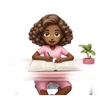 Girl studying on a light pink desk with light pink clothes  sticker