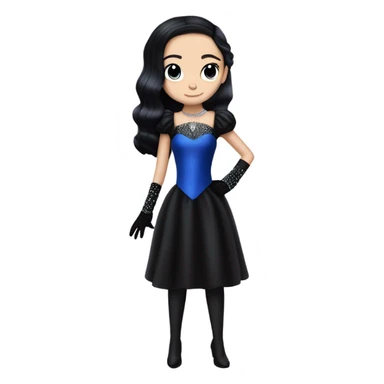 relaxed low-cut back silky black evening ball gown with lace gloves, Jenna Ortega as Wednesday Addams wearing a mini diamond tiara showing off blood blue cute horned dragon hand-puppet sticker