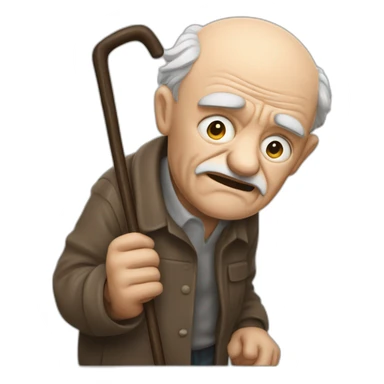 Old man leaning on a walking cane and holding his crancky back with his hand, grumpy face, detailed sticker