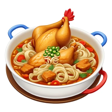 Xinjiang Big Plate Chicken with wide noodles in large dish, simplified emoji style with bold outlines and bright colors, cartoon style spicy chicken stew sticker