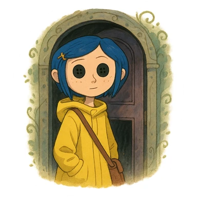 Coraline character with blue hair, yellow raincoat, button eyes, standing in front of a mysterious door, whimsical style sticker