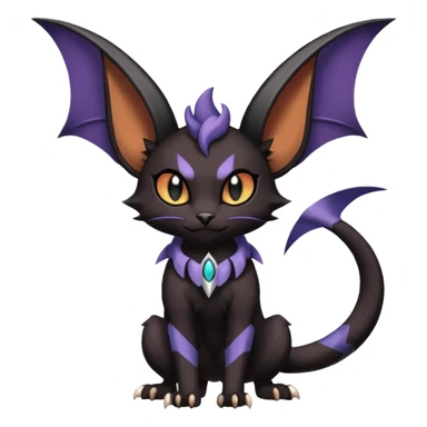 dark spooky badass cool shiny glossy smooth soft Black edgy Noivern-Noibat-Purloin-Torracat-Lykoi-Caracal-cat-Fakemon-fusion-hybrid-creature with bat wings on head as ears, big fangs, gothic markings sticker