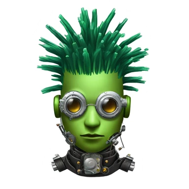 Green Mohawk hair male cyborg head with white steampunk goggles and circuits sticker
