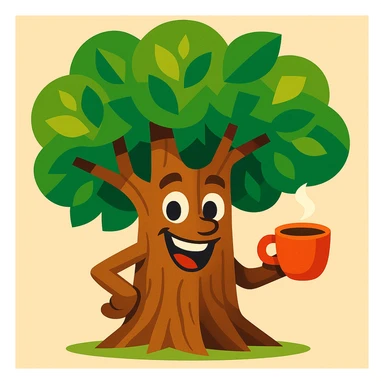 whimsical and friendly tree character holding a coffee cup in its hand, vibrant toon style sticker